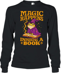 Magic Happens frog witch inside a book  Long Sleeved T-shirt