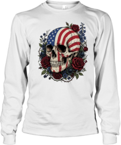 American Flag Skull Floral Patriot T Long Sleeved T-shirt