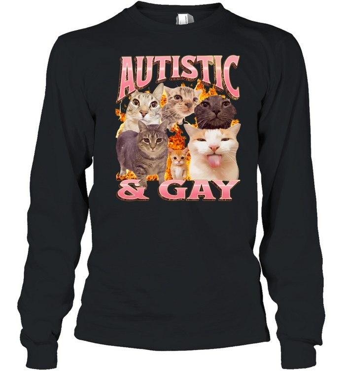 Autistic and Gay cats flame aesthetic print aesthetic funny meme Long Sleeved T-shirt