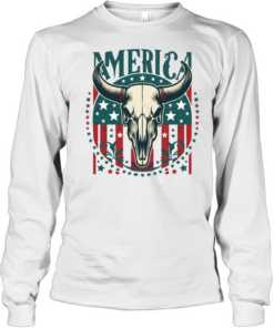 Patriotic America Bull Skull Long Sleeved T-shirt