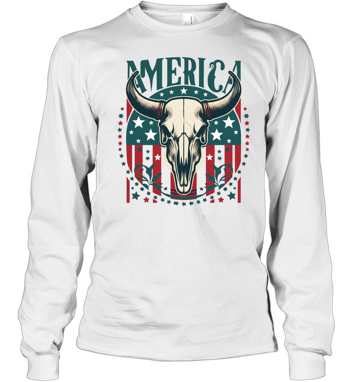 Patriotic America Bull Skull Long Sleeved T-shirt