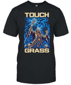 Touch grass necromancer skull sorcerer fantasy skeleton magic blue fire T Classic Men's T-shirt