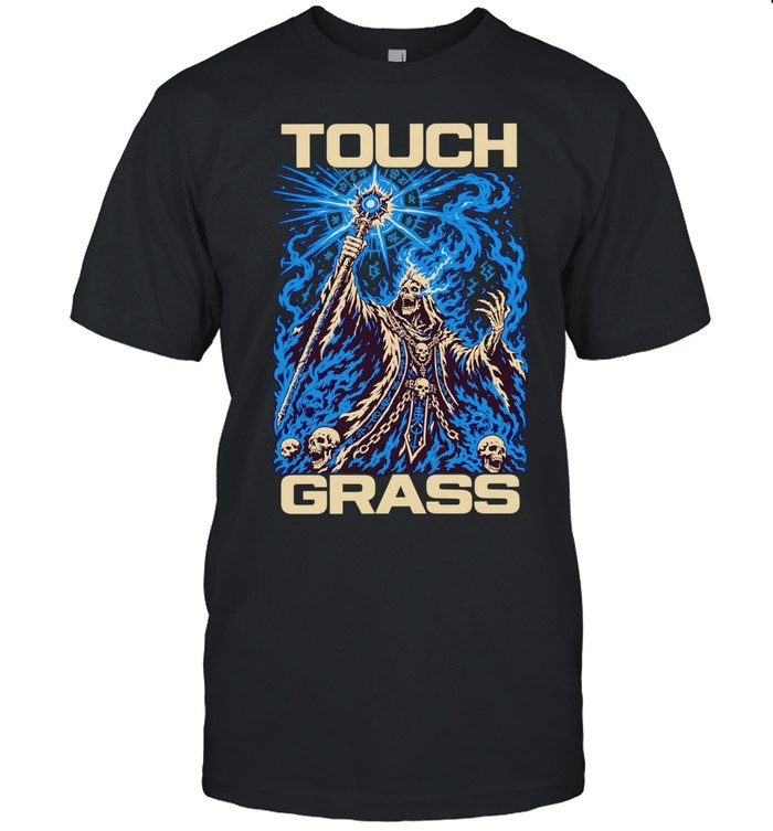 Touch grass necromancer skull sorcerer fantasy skeleton magic blue fire T Classic Men's T-shirt