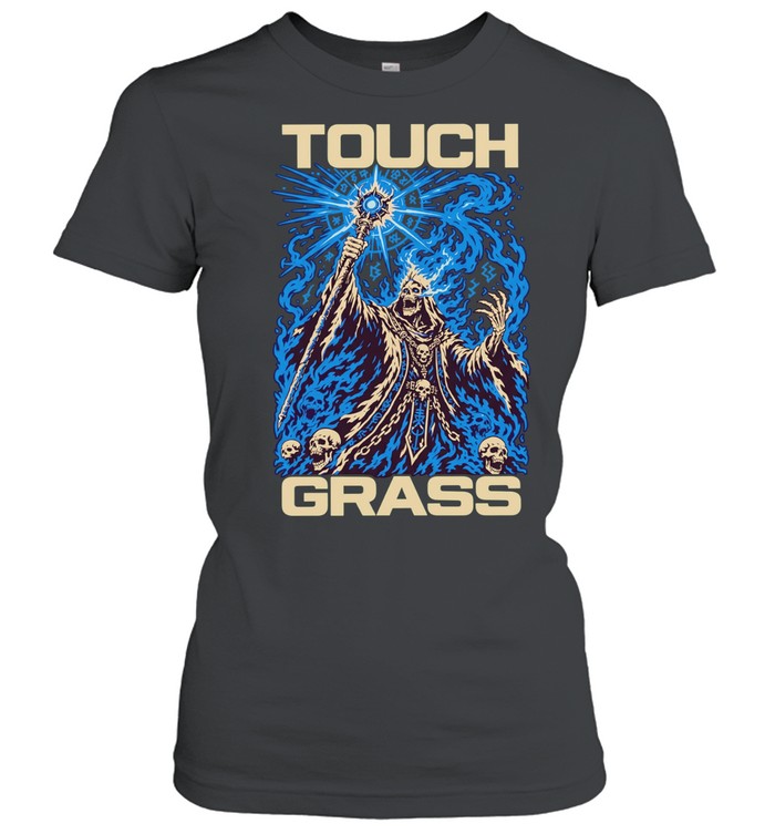 Touch grass necromancer skull sorcerer fantasy skeleton magic blue fire T Classic Women's T-shirt