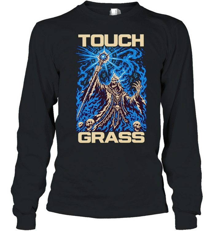 Touch grass necromancer skull sorcerer fantasy skeleton magic blue fire T Long Sleeved T-shirt
