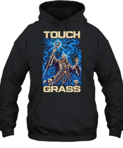 Touch grass necromancer skull sorcerer fantasy skeleton magic blue fire T Unisex Hoodie