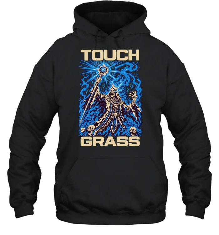 Touch grass necromancer skull sorcerer fantasy skeleton magic blue fire T Unisex Hoodie