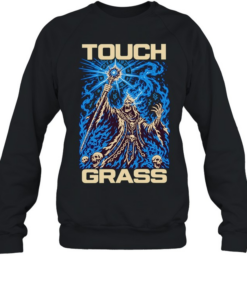 Touch grass necromancer skull sorcerer fantasy skeleton magic blue fire T Unisex Sweatshirt