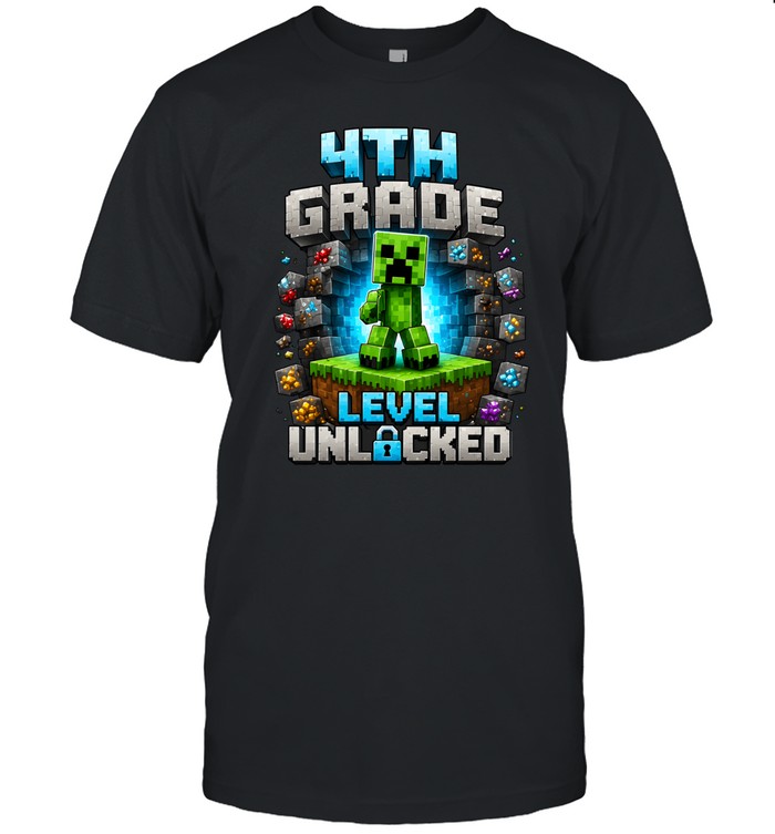 4th Grade Level Unlocked 32-Bit Gaming T- with 3D Brick Blocks Classic Men's T-shirt