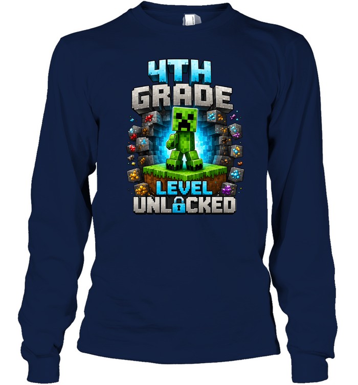 4th Grade Level Unlocked 32-Bit Gaming T- with 3D Brick Blocks Long Sleeved T-shirt