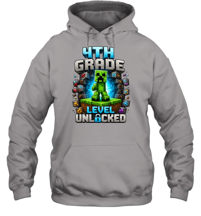 4th Grade Level Unlocked 32-Bit Gaming T- with 3D Brick Blocks Unisex Hoodie