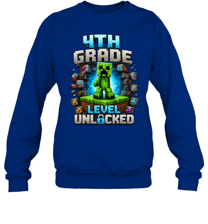 4th Grade Level Unlocked 32-Bit Gaming T- with 3D Brick Blocks Unisex Sweatshirt