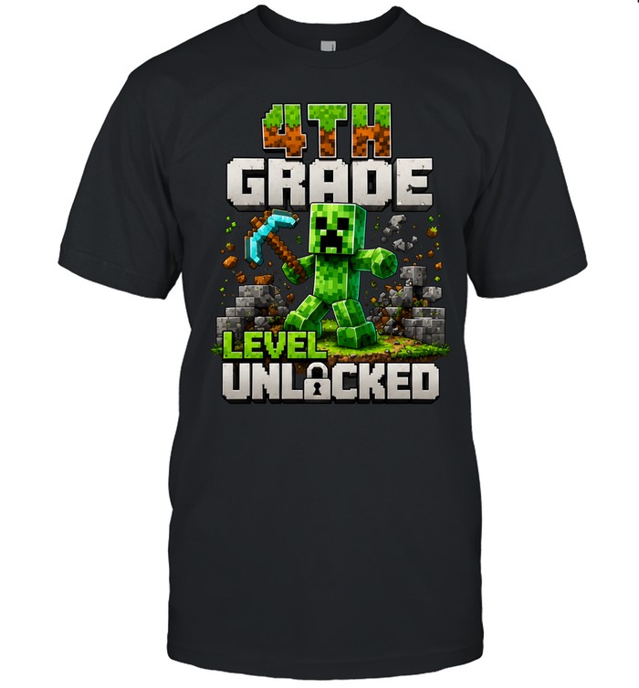 4th Grade Level Unlocked Gaming T- with 3D Grass and Stone Texture Classic Men's T-shirt