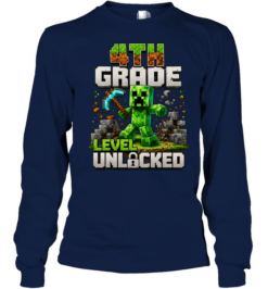 4th Grade Level Unlocked Gaming T- with 3D Grass and Stone Texture Long Sleeved T-shirt