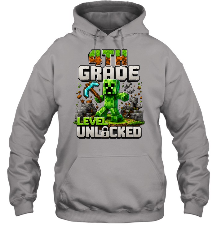 4th Grade Level Unlocked Gaming T- with 3D Grass and Stone Texture Unisex Hoodie