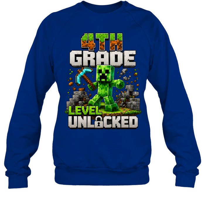 4th Grade Level Unlocked Gaming T- with 3D Grass and Stone Texture Unisex Sweatshirt