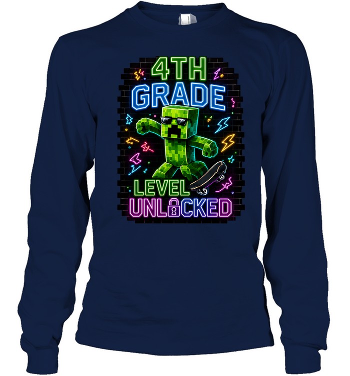 4th Grade Level Unlocked Gaming T- with Cartoon Creeper Skater Long Sleeved T-shirt
