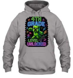 4th Grade Level Unlocked Gaming T- with Cartoon Creeper Skater Unisex Hoodie