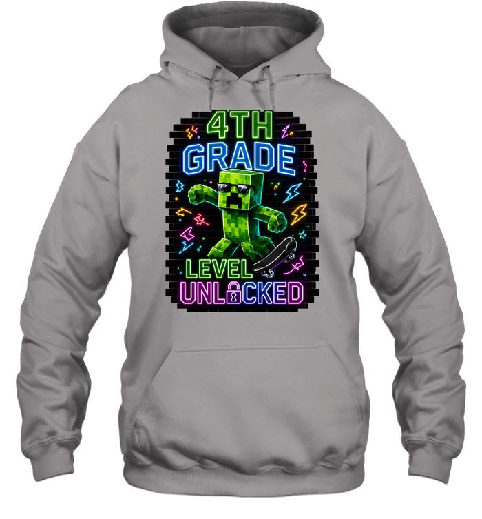 4th Grade Level Unlocked Gaming T- with Cartoon Creeper Skater Unisex Hoodie