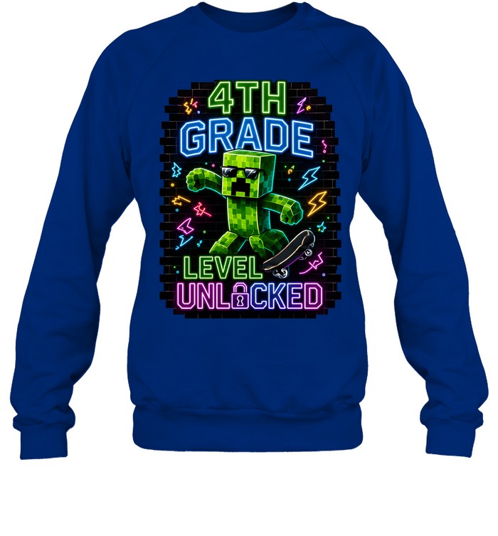 4th Grade Level Unlocked Gaming T- with Cartoon Creeper Skater Unisex Sweatshirt