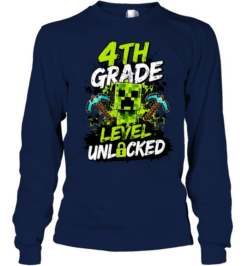 4th Grade Level Unlocked Gaming T- with Distressed Pixel Monster Long Sleeved T-shirt
