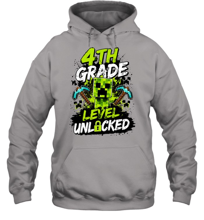 4th Grade Level Unlocked Gaming T- with Distressed Pixel Monster Unisex Hoodie