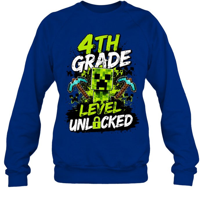 4th Grade Level Unlocked Gaming T- with Distressed Pixel Monster Unisex Sweatshirt