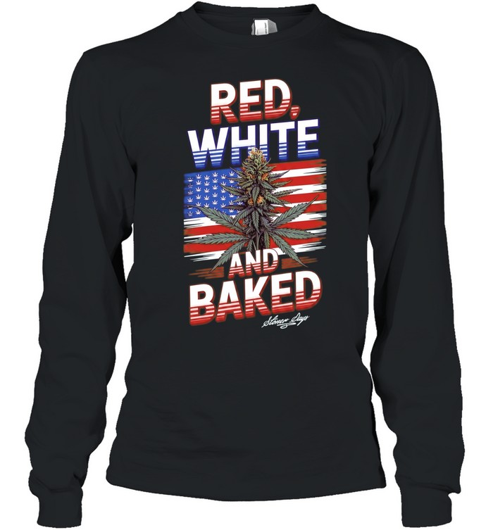 Cannabis Leaf American Flag Red White and Baked Stoner Days Fourth of July Long Sleeved T-shirt