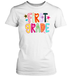 First Grade Retro Colorful Bubble with Smiley Face and Stars Classic Women's T-shirt