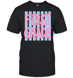 First Grade Retro T- with Light Blue Vertical Stripes and Pink Letters Classic Men's T-shirt