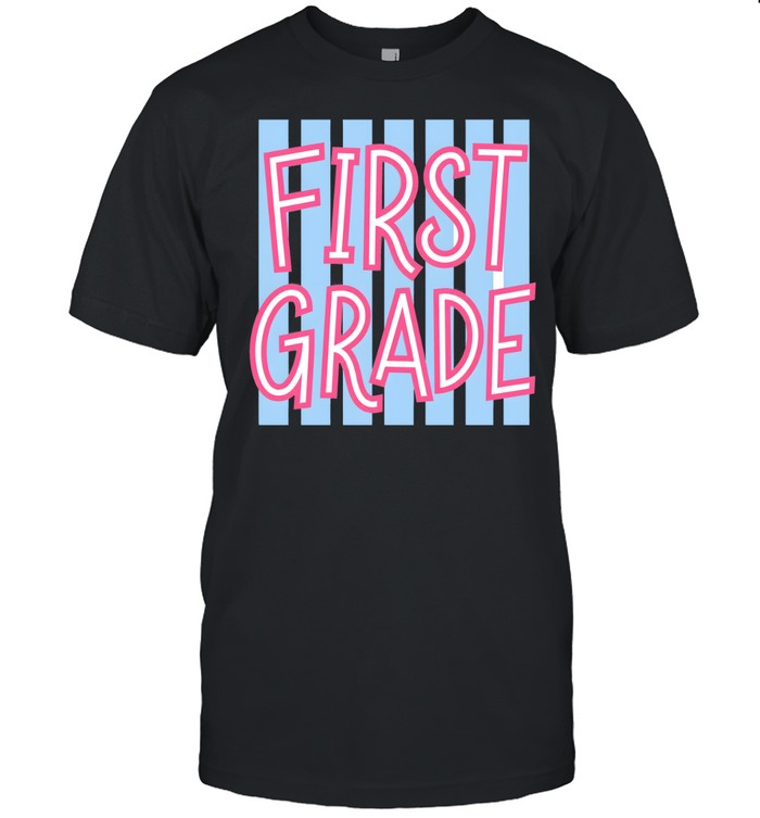 First Grade Retro T- with Light Blue Vertical Stripes and Pink Letters Classic Men's T-shirt