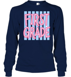 First Grade Retro T- with Light Blue Vertical Stripes and Pink Letters Long Sleeved T-shirt