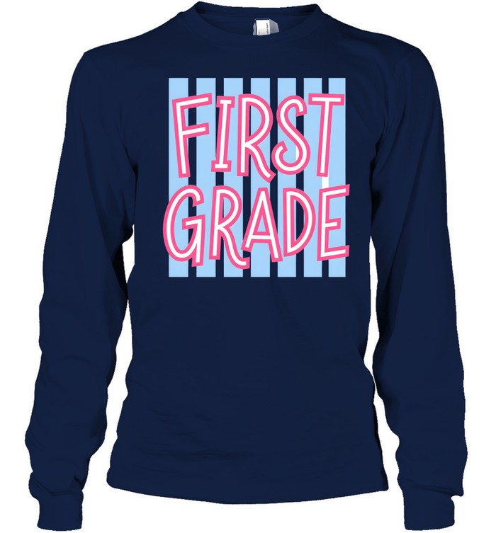 First Grade Retro T- with Light Blue Vertical Stripes and Pink Letters Long Sleeved T-shirt