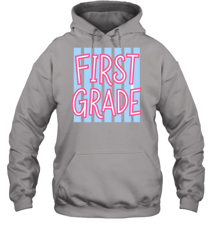 First Grade Retro T- with Light Blue Vertical Stripes and Pink Letters Unisex Hoodie