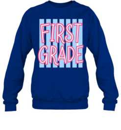 First Grade Retro T- with Light Blue Vertical Stripes and Pink Letters Unisex Sweatshirt