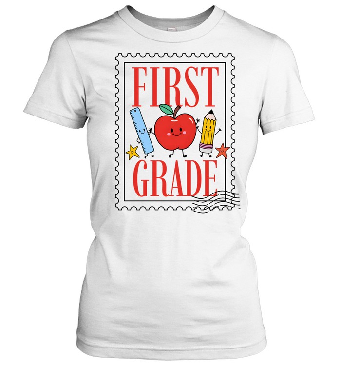 First Grade Vintage Postage Stamp T- with Cute School Supplies Classic Women's T-shirt