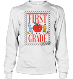 First Grade Vintage Postage Stamp T- with Cute School Supplies Long Sleeved T-shirt