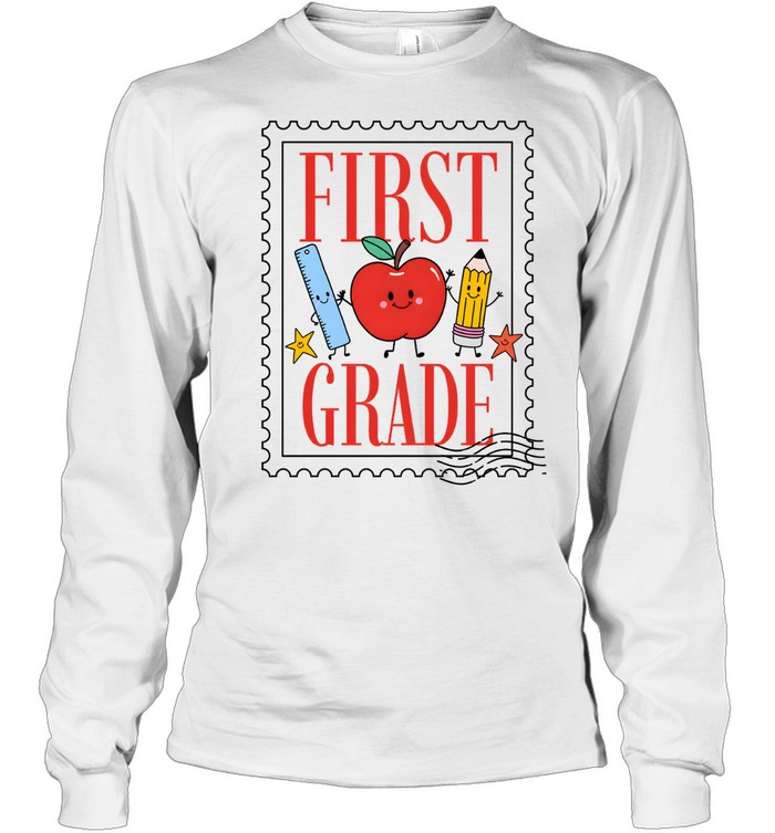First Grade Vintage Postage Stamp T- with Cute School Supplies Long Sleeved T-shirt