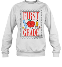 First Grade Vintage Postage Stamp T- with Cute School Supplies Unisex Sweatshirt