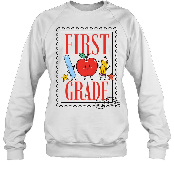 First Grade Vintage Postage Stamp T- with Cute School Supplies Unisex Sweatshirt