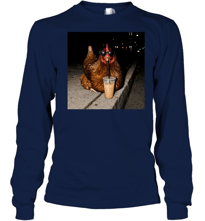 Funny Chicken Drinking Iced Coffee Urban Meme Long Sleeved T-shirt