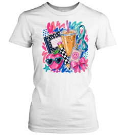 Hand-Drawn Teacher Life Graphics T- with Iced Coffee and Composition Notebook Classic Women's T-shirt