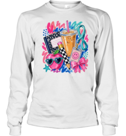 Hand-Drawn Teacher Life Graphics T- with Iced Coffee and Composition Notebook Long Sleeved T-shirt