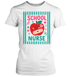 School Nurse T- with Cute Kawaii Apple and Teal Vertical Stripes Classic Women's T-shirt