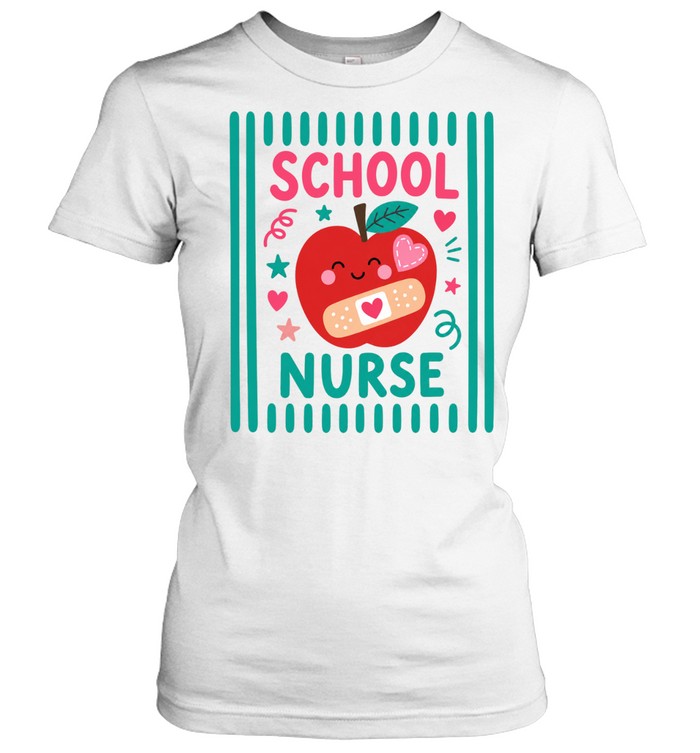 School Nurse T- with Cute Kawaii Apple and Teal Vertical Stripes Classic Women's T-shirt