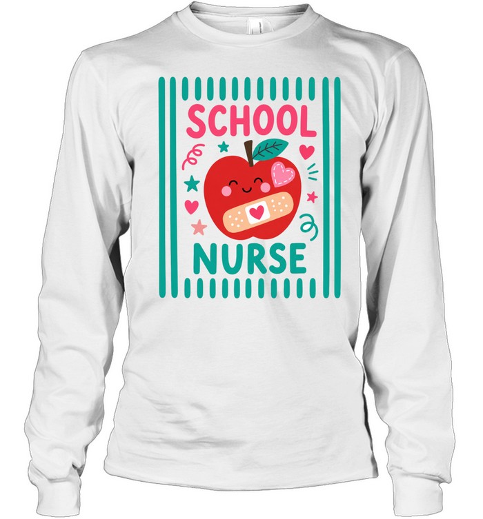 School Nurse T- with Cute Kawaii Apple and Teal Vertical Stripes Long Sleeved T-shirt