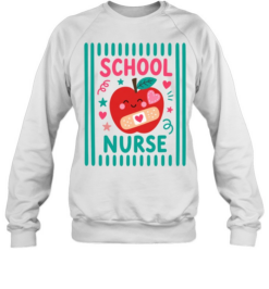 School Nurse T- with Cute Kawaii Apple and Teal Vertical Stripes Unisex Sweatshirt