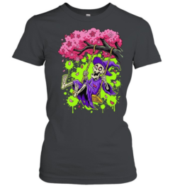 Skeleton Witch on a Swing in Cherry Blossom Tree Halloween  Classic Women's T-shirt