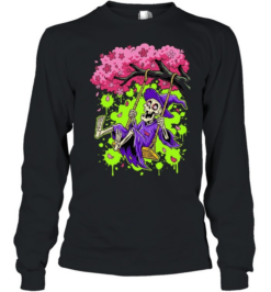 Skeleton Witch on a Swing in Cherry Blossom Tree Halloween  Long Sleeved T-shirt