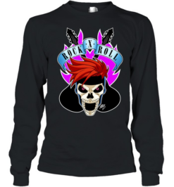 Skull Rock X Roll Music Headbanger Skeleton with Spiky Red Hair Long Sleeved T-shirt